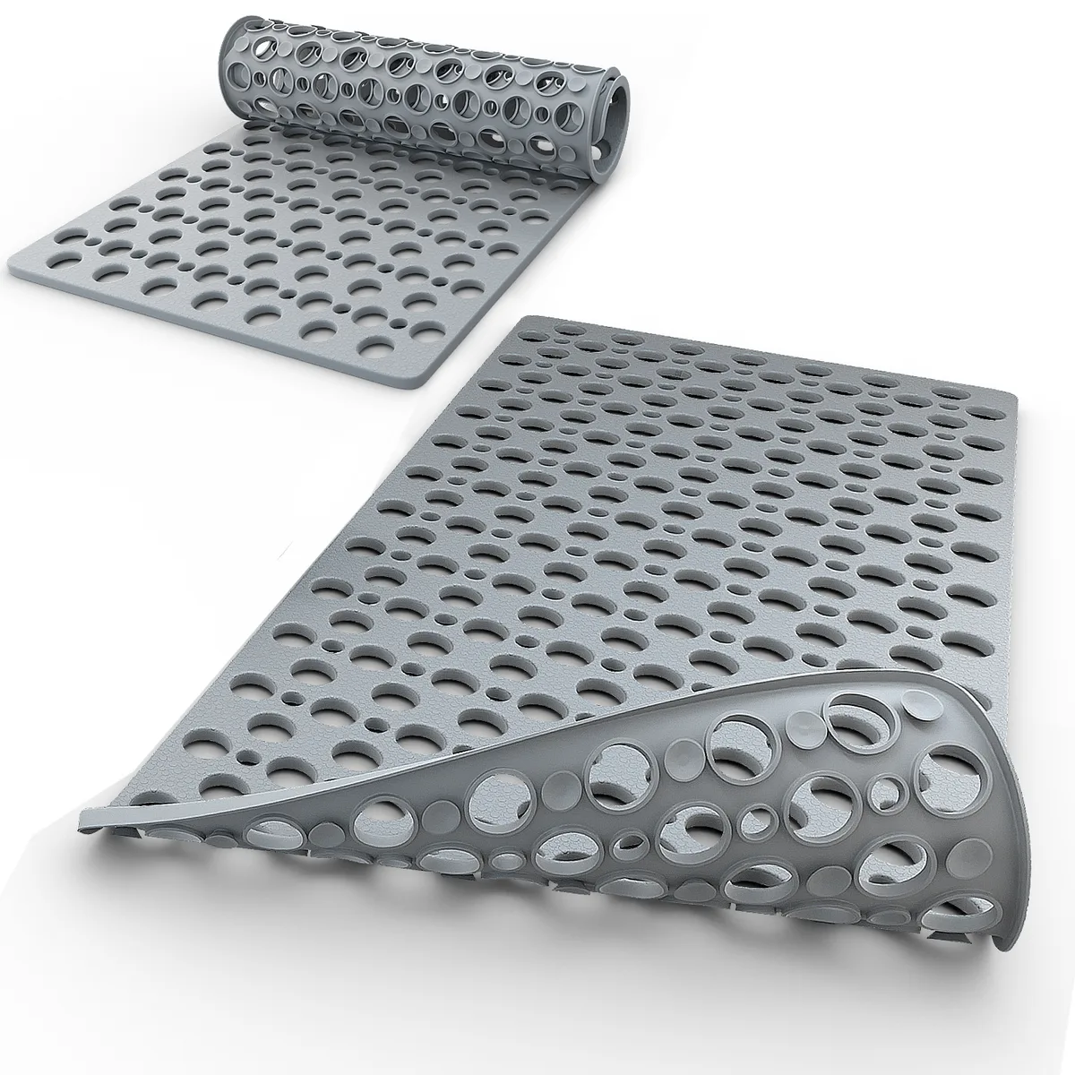 Two views of the gray TEMIR bathtub mat, showing its textured surface, drainage holes, and underside suction cups.